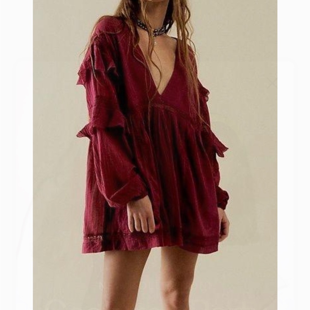 Free People Deep Red Long Sleeve Dress